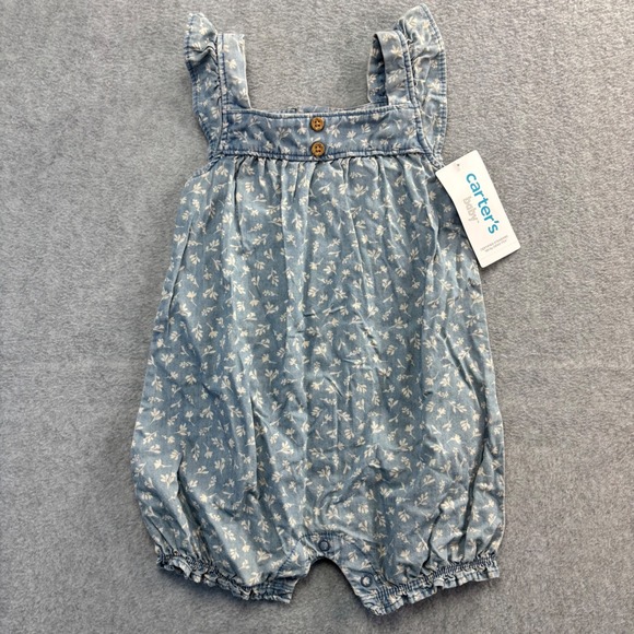 Carter's Other - Carters Baby‎ Girls Blue Floral Denim Ruffle Romper Jumpsuit 12 Months